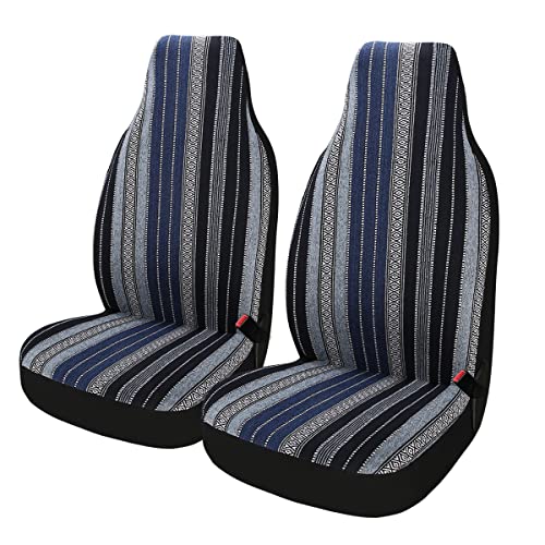 Baja Saddle Blanket Car Seat Covers 2PCS Front, Breathable and Washable Striped Woven Automotive Vehicle Seat Cover, Universal Seat Cover for Sedan, SUV, Truck, Airbag Compatible - color: High Back Blue Baja, size: Front