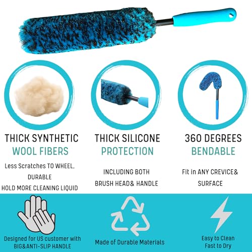 oesee 6PCS Car Wheel Cleaning Detailing Pro Kit, Tire Brush, 2 PCS Soft Wool Rims Brush, Detailing Brush, and Tire Dressing Pads, Scratch-Free & Multipurpose Tire Brush - color: 6 Pack (Blue & Black)