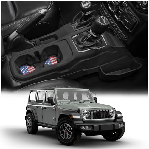 Center Console Organizer with Cup Holder Insert for 2018-2023 Jeep Wrangler JL Gladiator JT 2020-2025, Non-Slip Silicone Center Console Tray