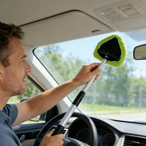 Microfiber Car Windshield Cleaning Tool with Extendable Handle,Car Defogging Glass Cleaning Brush with 4 Reusable Microfiber Pads 1 Spray Bottle and 1 Car Dust Removal Brush. (Green) - color: green