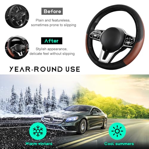 Car Steering Wheel Cover, 15 inch Carbon Fiber Microfiber Leather Elastic Steering Wheel Protector, Breathable Anti-Slip Comfortable Steering Wheel Covers for Most Cars (Black&Khaki, AD) - color: Black&Khaki, AD