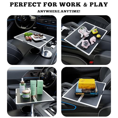 Flodable Car Desk Tray for Laptop, 360° Rotating Leather Cup Holder Table, Car Tray laptop Desk Replace Steering Wheel tray, for Tesla Model Y/3/S, Ford F150 Car Accessries for Men Women