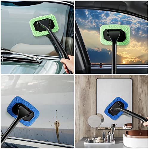 Frienda 2 Set Windshield Cleaner Tool Inside Car Windshield Cleaning Wand Auto Window Cleaner with Detachable Handle, 8 Reusable Microfiber Pads and 2 Spray Bottles for Car Interior(Blue, Green) - color: Blue, Green