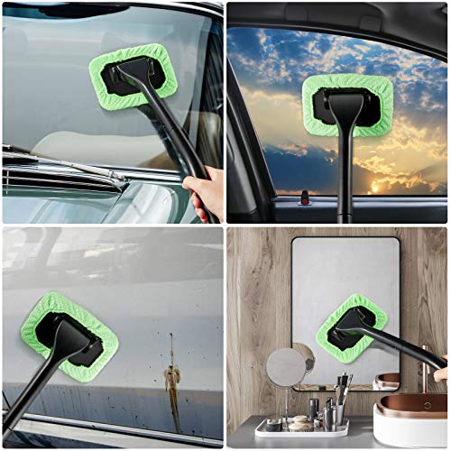 Frienda 2 Set Windshield Cleaner Tool Inside Car Windshield Cleaning Wand Auto Window Cleaner with Detachable Handle, 8 Reusable Microfiber Pads and 2 Spray Bottles for Car Interior(Green) - color: Green