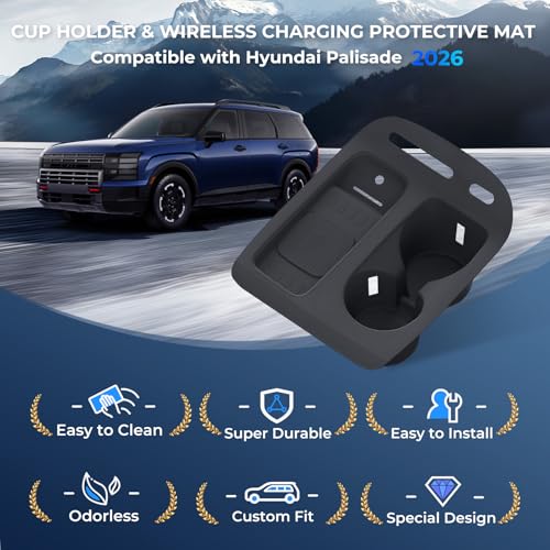Cup Holder Insert & Wireless Charging Protective Mat for Hyundai Palisade 2026, Center Console Interior Accessories Cup Holders & Wireless Charger Cover Pad for 2026 Palisade, Black - style: Fits for Hyundai Palisade 2026