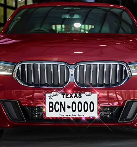 Red Bling License Plate Frame, Sparkly Stainless Steel License Plate Holder for Women, Set with 44 Gemstones, 400 14 Faceted Glass Diamond Rhinestones License Plate Covers(1pack) - color: red