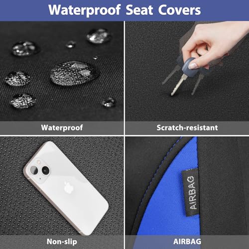 CAR PASS Neoprene Wetsuit Seat Covers, Waterproof Car Seat Covers Full Sets with 5mm Composite EVA, Universal Fit for Car Sedan, SUV Trucks Anti Slip with Airbag Compatible(Black Blue - color: Blue full sets