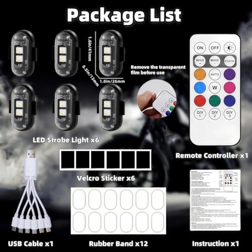 6PCS Wireless LED Strobe Lights with Remote Control, Wireless LED Warning Lights 8 Colors USB Charge IP65 Waterproof Anti-Collision, for Car Interior Motorcycle Bike Drone Car Truck RC Aircraft