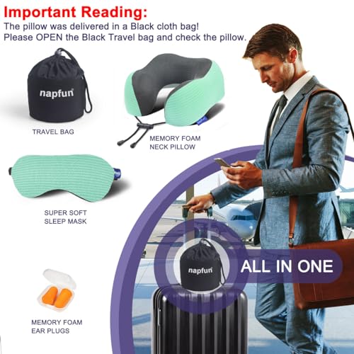 napfun Neck Pillow for Travel with Travel Pouch, Sleep Mask & Earplugs, Memory Foam Airplane Pillow for Headrest Sleep with Eyeshades, Plane Essentials with Eye Blindfold, Turquoise Striped Kit - color: Turquoise Striped Kit