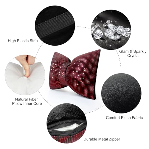 surpassme 2PCS Rhinestone Car Headrest Neck Pillow for Driving with Bling Bling Crystal Bow Pillow Car Accessories for Women (Red) - color: 2 Red Pillows