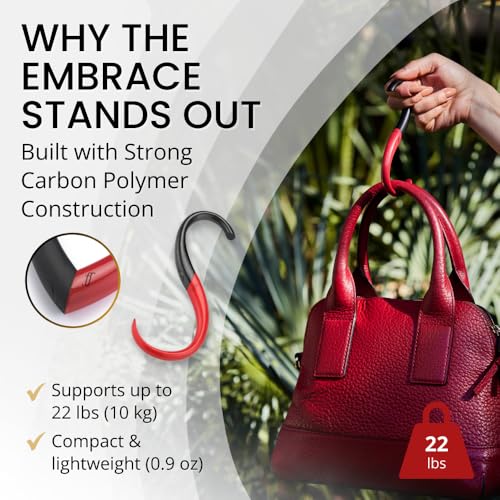 EMBRACE FafaConcepts Purse Hook Hanger – Lightweight, Durable Teardrop S Hooks | Bag Clip Holds 22 lb Bags, Backpacks, Totes | Purse Charms for Women, Men | Onyx & Ruby - color: caviar/ruby