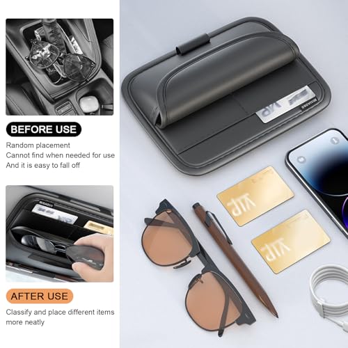 Shakas Car Sun Visor Organizer, Multifunctional Multi-Pocket Sunglasses Card Holder Pen Document Holder, Leather Anti-Scratch Protection Visor Storage Bag for Most Cars Trucks SUVs, Black