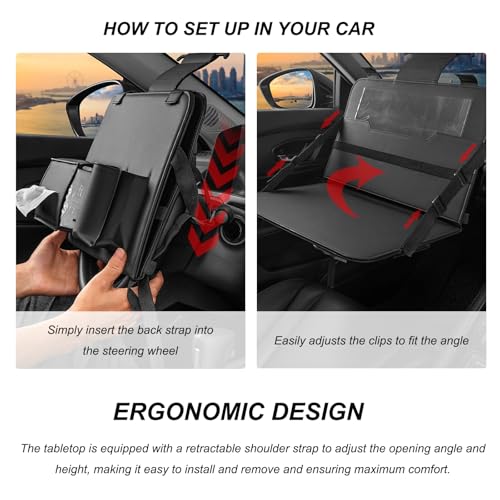 Car Steering Wheel Tray, Foldable Car Laptop Desk Eating Food Tray with Transparent Holder & Tissue Box, Adjustable Back Seat Headrest Table for in-Car Dining Working Studying (Beige) - color: Beige