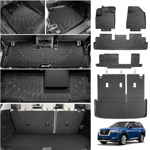Cartist Floor Mats and Cargo Liner Fit for Nissan Pathfinder 8 Seats 2022-2026 All Weather TPE Floor Mat Pathfinder Accessories Heavy Duty Carpet Protection (Trunk Mat with Backrest Mat+Floor Mats) - size: 5)Nissan Pathfinder 8【22-26】Full set