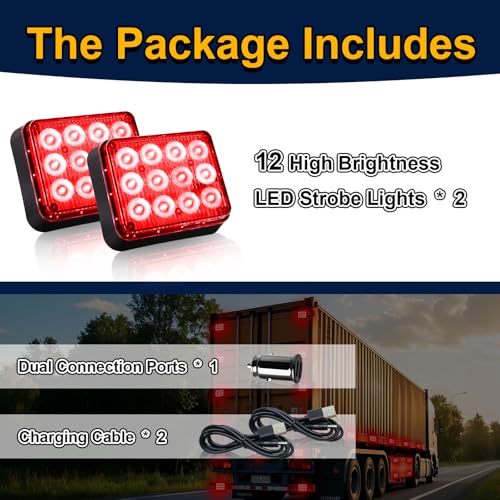 2PCS LED Red Strobe Lights Magnetic Flashing Lights Rechargeable Beacon Safety Warning Emergency Lights Magnetic Trailer Lights Wireless Battery Powered Strobe Lights for Trucks Vehicles Car - color: Red