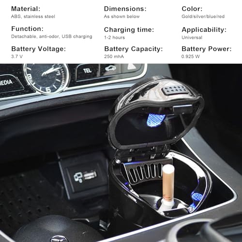Car Ashtray with Lid, Detachable USB Rechargeable Auto Cigarette Lighter with Blue LED Light, Portable Smell Proof Stainless Car Ash Tray, Mini Automotive Trash Can (Silver) - color: Silver