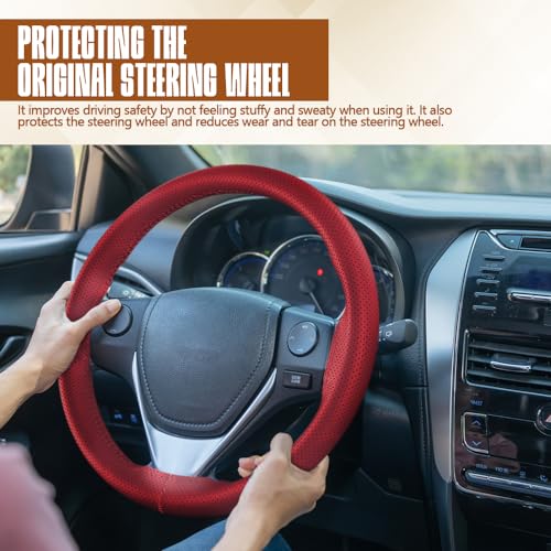 Leather Steering Wheel Cover Lace Up, Car Wheel Cover, Universal Car Steering Wheel Protector, 15 inch, Red, Hole - color: Red, size: 15 inch - Hole