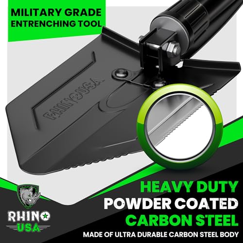 RHINO USA Folding Survival Shovel w/Pick - Heavy Duty Carbon Steel Military Style Entrenching Tool for Off Road, Camping, Gardening, Beach, Digging Dirt, Sand, Mud & Snow. - size: Military 22" E-tool