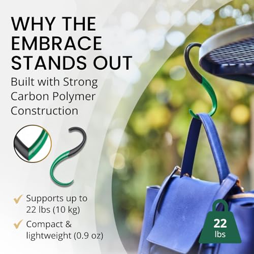EMBRACE Dual Colour Purse Hook Hanger – Lightweight, Teardrop S Hooks | Bag Clip Holds 22 lb Bags, Backpacks | Purse Charms for Women, Men | Caviar & Emerald - color: caviar/emerald