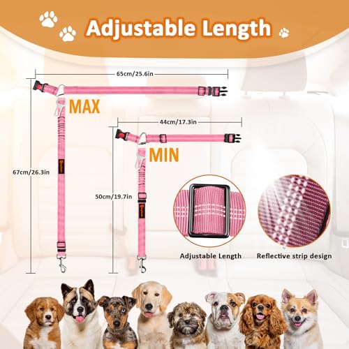 Removable Dog Seat Belt Harness for Car, 3 in 1 Pet Dog Car Seatbelt Leash, Retractable Restraint Secures to Vehicle Headrest & Adjustable Reflective Bungee Dog Seatbelt Tether, Pink and Black - color: Black+Pink