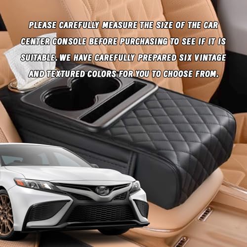 Car Armrest Cushion, 5 in 1 Center Console Cover with 2 Cup Holders, Phone Holder, Tissue Holder, Storage Bag, Multifunctional Leather Heightened Car Armrest Cushion for Most Cars(Black - color: Black