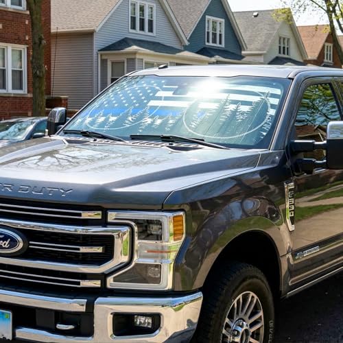 63"x28.5" Car Windshield Sun Shade with Storage Pouch, Stylish Printed Front Window Sunshade with Double Ring Frame, Universal Fit Foldable Heat Blocker & UV Protector for SUV, Sedan (Blue Line Flag) - color: Blue Line Flag