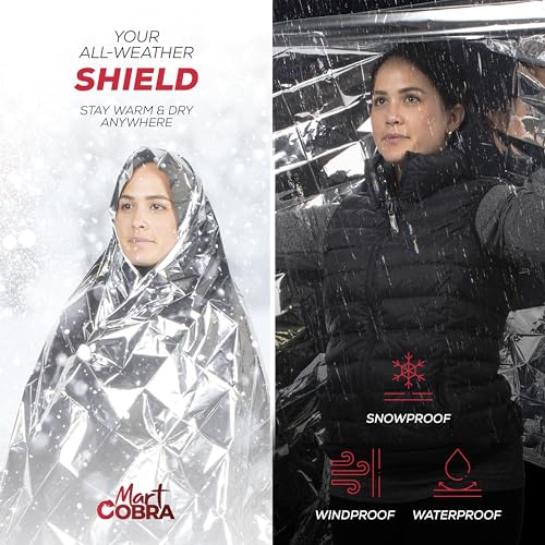 Mart Cobra Emergency Blanket 100-Pack | Reflective Thermal Blanket | Survival Gear | Lightweight Mylar Blankets | Retains 90% Body Heat | Essential for Camping, First Aid, Homeless Care Package Bulk - size: 100 Pack