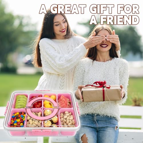 Divided Serving Tray with Lid and Handle, 8 Compartments Snack Box, Portable Platter for Candy Fruits Nuts, Snack Party Entertaining Picnic - color: Pink-new-1