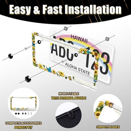 Retro Blue Butterfly Sunflower License Plate Frame Wooden Board Flower License Plate Holders Stainless Steel Car Bracket 2 Holes With Screws Universal Auto Accessory License Plate Frames 6.2x12.2 Inch - color: Retro Sunflower Floral Blue Butterfly