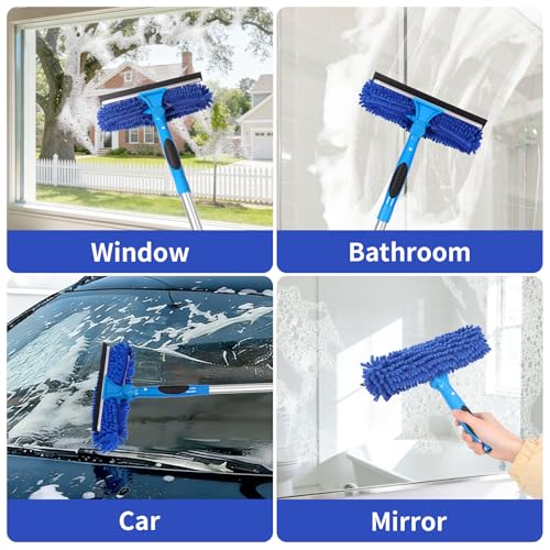67" Squeegee Window Cleaner, 2 in 1 Professional Window Cleaning Tool Kit with Extension Pole, Window Washing Equipment with Rotatable Head for Indoor Outdoor Windows Car Glass - color: Blue