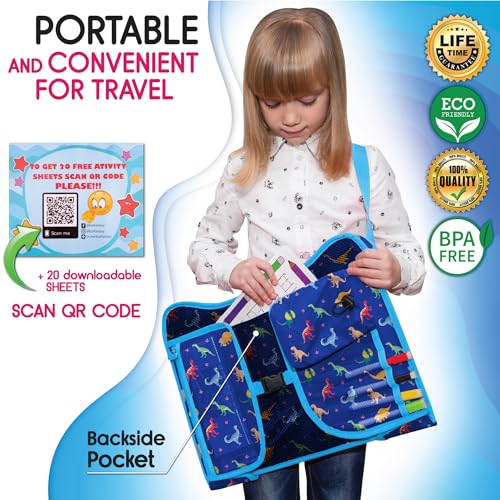 Kids Travel Tray - Waterproof Car Table with No-Drop Large Tablet Holder - Car Seat Tray - Road Trip Must Haves - Lap Desk Kids Organizer for Airplane - Toddler Travel Activities (Blue) - color: DINOSAUR