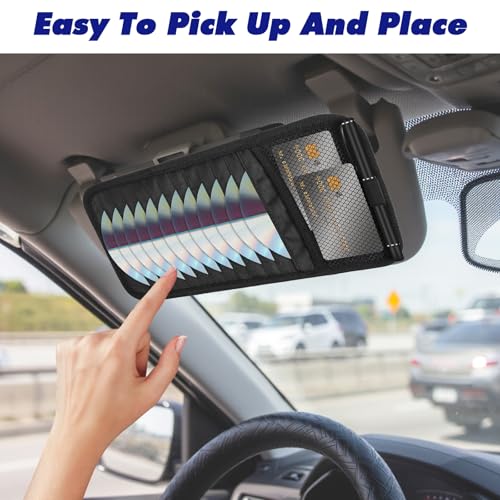Car CD Holder DVD Vehicle Visor Storage Organizer Black Large Capacity CD Visor Case with 12 DVD Storage Sleeves, 1 Mesh Pocket, 1 Pen Loop & Elastic Strap