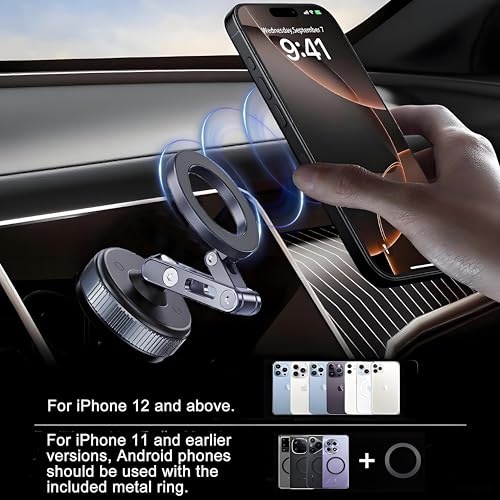 Nano Gel Suction Cup Magnetic Phone Holder for Car,Aluminum Alloy & ABS One-step Lock Magnetic Vacuum Phone Mount,UV-Resistant and Durable,Directly Mountable on Smooth Surfaces/Textured Leather