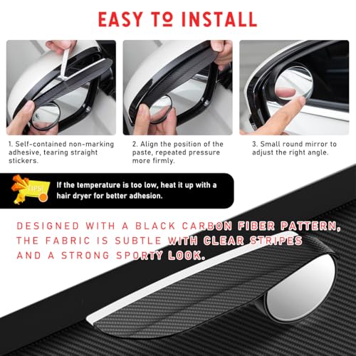 2PCS Car Blind Spot Mirror, Adjustable Wide Angle Side Mirror with Rain Visor Guard, Carbon Fiber Rear View Blind Spot Mirror Reflective Protection Shield, Car Accessories