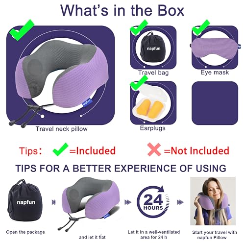 napfun Neck Pillow for Travel with Travel Pouch, Sleep Mask & Earplugs, Memory Foam Airplane Pillow for Headrest Sleep with Eyeshades, Plane Essentials with Eye Blindfold, Light Purple Striped Kit - color: Light Purple Striped Kit