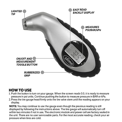Slime 20017 Tire Pressure Gauge, Digital Gauge, 5-150 PSI - size: Standard, style: Digital