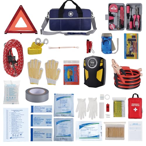 All-in-One Car Emergency Kit with Digital Tire Inflator, Jumper Cable, Tow Strap, Reflective Triangle, First Aid Kit, Hand Crank Flashlight, and Repair Tools for Roadside Safety (Blue) - color: Blue