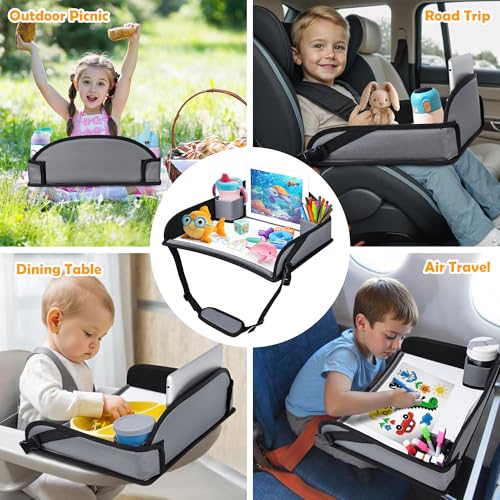 Kids Travel Tray for Toddler Carseat, Road Trip Activities Essentials, Kids Lap Desk Tray with Tablet Holder Stand and Dry Erase Board, Grey - color: Grey