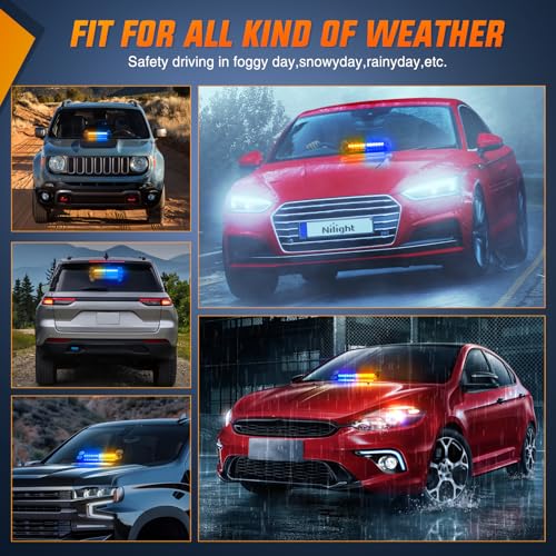 Nilight 12LED Traffic Advisor Strobe Light Bar Amber Blue Emergency Warning Hazard Safety Dash Front/Rear Windshield Flashing Lights for Cars Trucks Police Firefighter Plow Construction Vehicles - color: Amber Blue