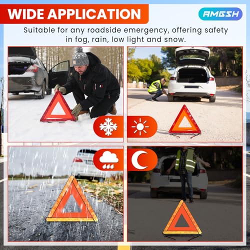 2 Pack Emergency Triangle + 2 Pack Reflective Vest, Foldable Reflective Emergency Triangles Roadside with Reflective Warning Vest, Base Roadside Triangle Kit, Roadside Emergency Car Kit