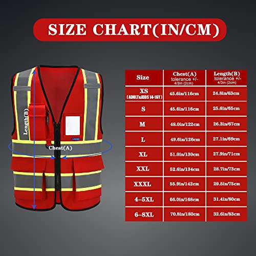 AYKRM Security Vest for Men Women 7 Pockets High Visibility Reflective Safety Vest Front Zipper Meets ANSI/ISEA - color: Red-emergency, size: XX-Large