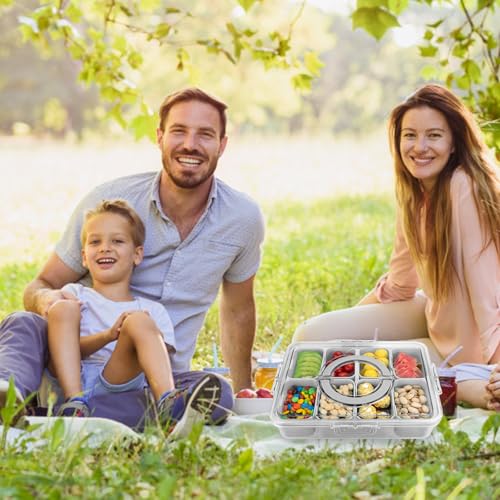 Divided Serving Tray with Lid and Handle,8 Compartments Snacks Box,Snack Fruit and Veggie Tray,Portable Platter for Candy Fruits Nuts Snack Party Entertaining Picnic (1 PCS Grey) - color: 1pcs-serving-tray-grey