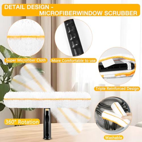 Window Cleaning Squeegee Kit- 14" Squeegee & Microfiber Rotatable Window Scrubber,All-Purpose Tile Shower Walls Window Glass Car Windshield Mirrors,Reusable Microfiber Sleeve