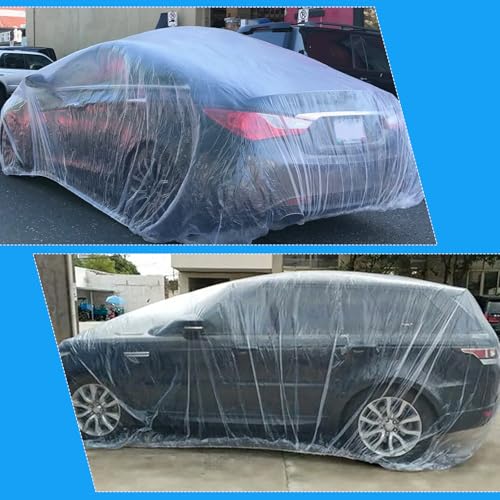 4 Pack Disposable Car Covers, Clear Plastic Car Cover Universal Vehicle Cover Rain Dust Garage Cover Car Protective Cover with Elastic Band Medium for Sedan Outdoor Snow Rain Weather(12 ft x 22 ft)