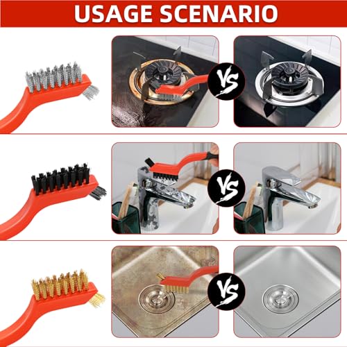 3pcs Wire Brushes for Cleaning Rust, Upgrade Wire Brush Set - Brass/Stainless Steel/Nylon Bristles, Small Metal Wire Brush with Curved Handle Grip, Wire Brushes for Paint and Stain, 7 Inches (3pcs) - style: 3pcs