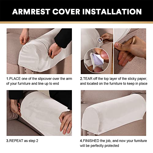 PrinceDeco 4 Pack Thick Velvet Stretch Armrest Covers for Chairs and Sofas - Non Slip, Ivory - color: Ivory
