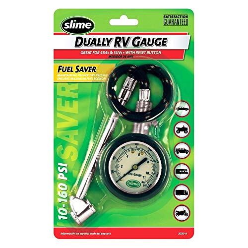 Slime 2020-A Tire Gauge, Dual Head, Dial Gauge with Hose, Tire Sensor Safe, 10-160 psi - size: Dual Head, style: Analogue