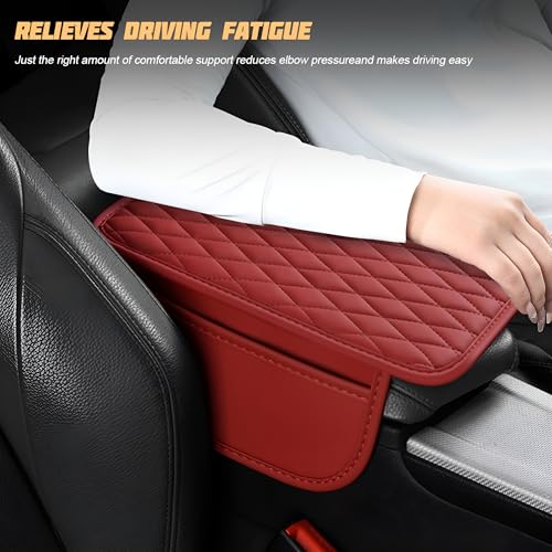 Car Center Console Cover, Leather Vehicle Armrest Seat Box Cushion Pad with Storage Bags, Waterproof Automotive Middle Console Protector, Universal for SUV RV Truck (Wine Red) - color: Wine Red