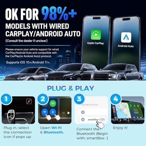 Wireless CarPlay & Android Auto Adapter, Wired to Wireless 2-in-1 CarPlay Dongle for iPhone&Androidphone, No Audio Lag, Auto-Connect Plug & Play, USB-A/C, Fast, Stable for iOS 10+ & Android 11+