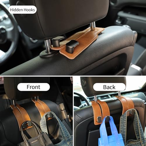 KINIVA Car Seat Headrest Storage Hooks, Set of 2, Suede PU Leather, Double Hooks (06-Brown 4 Pack) - color: 06-Brown 4 pack